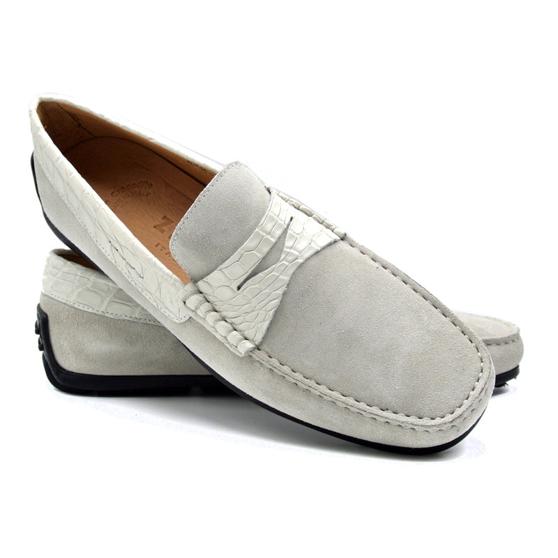 Monza Sueded Calfskin and Crocodile Driver in White by Zelli Italia