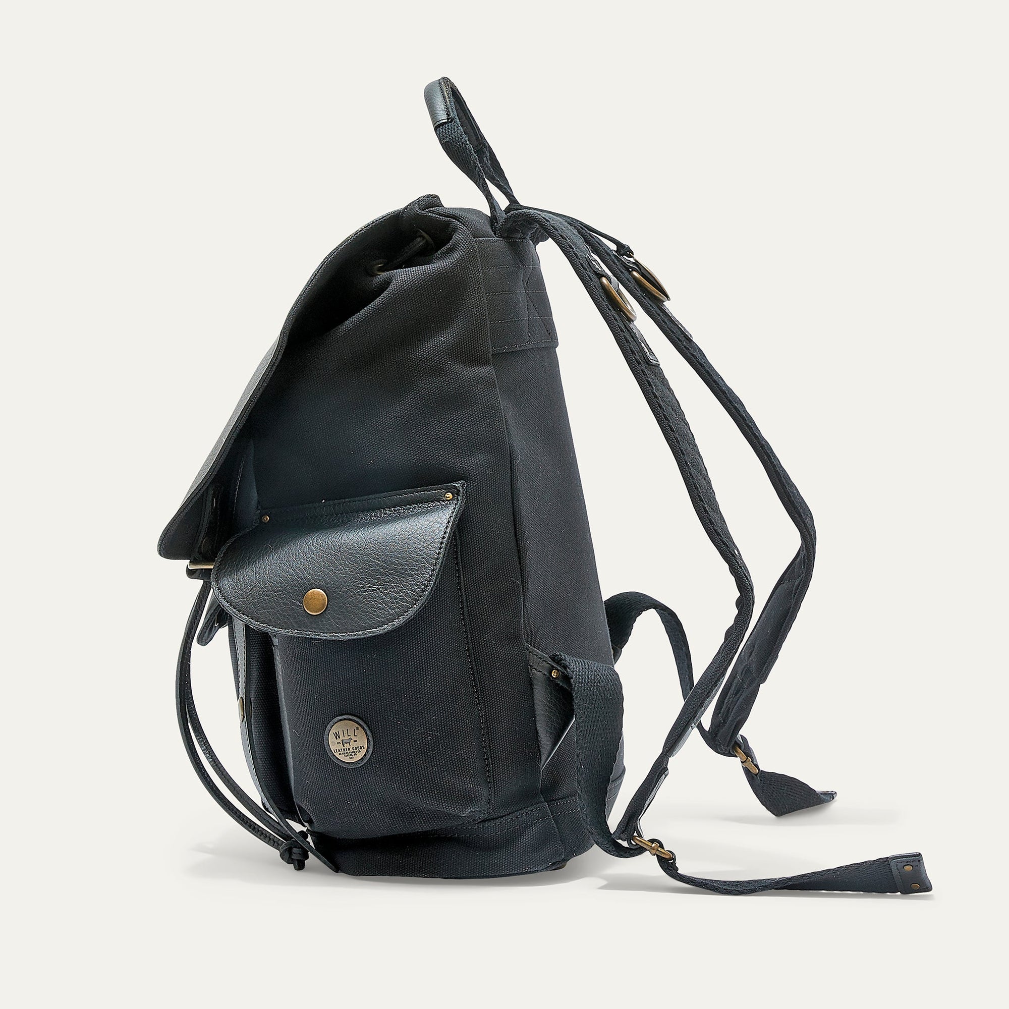 Lennon Canvas and Leather Backpack in Black with Black Leather by Will