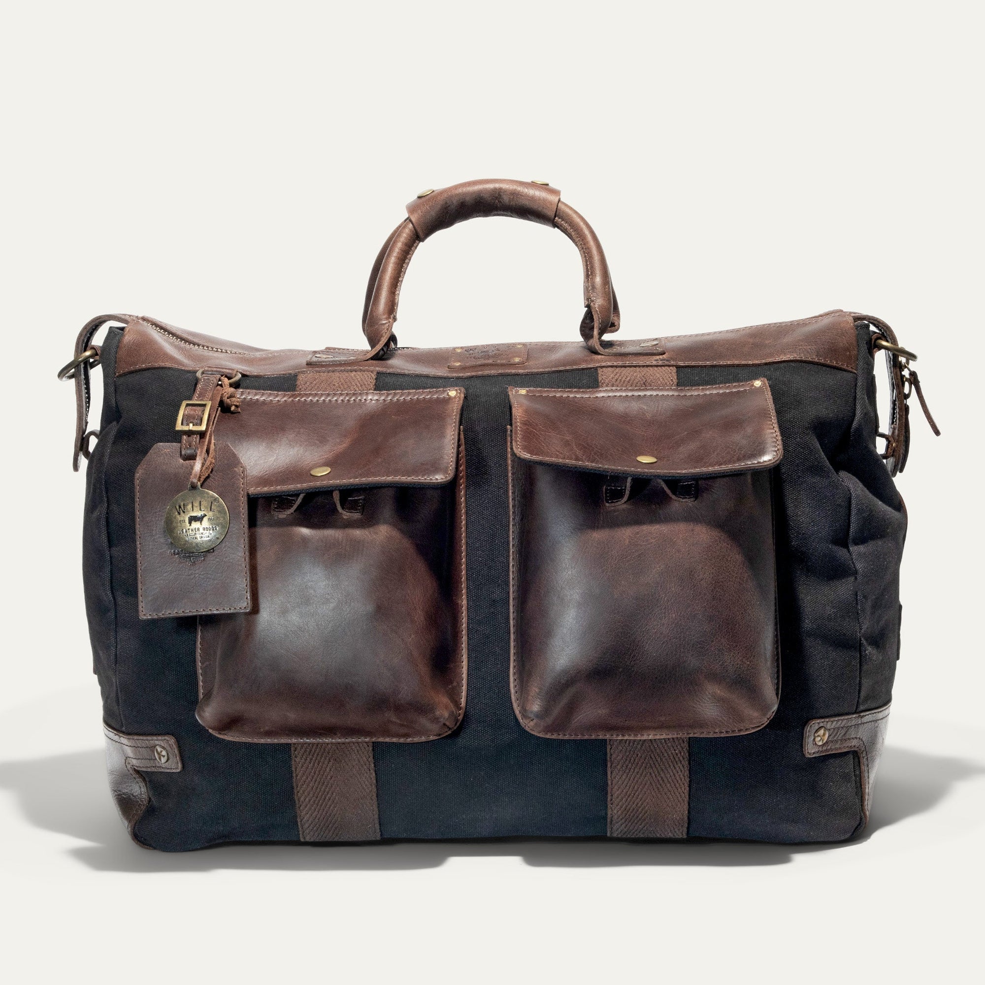 Canvas and Leather Travel Duffle in Black with Brown Leather by Will Leather Goods
