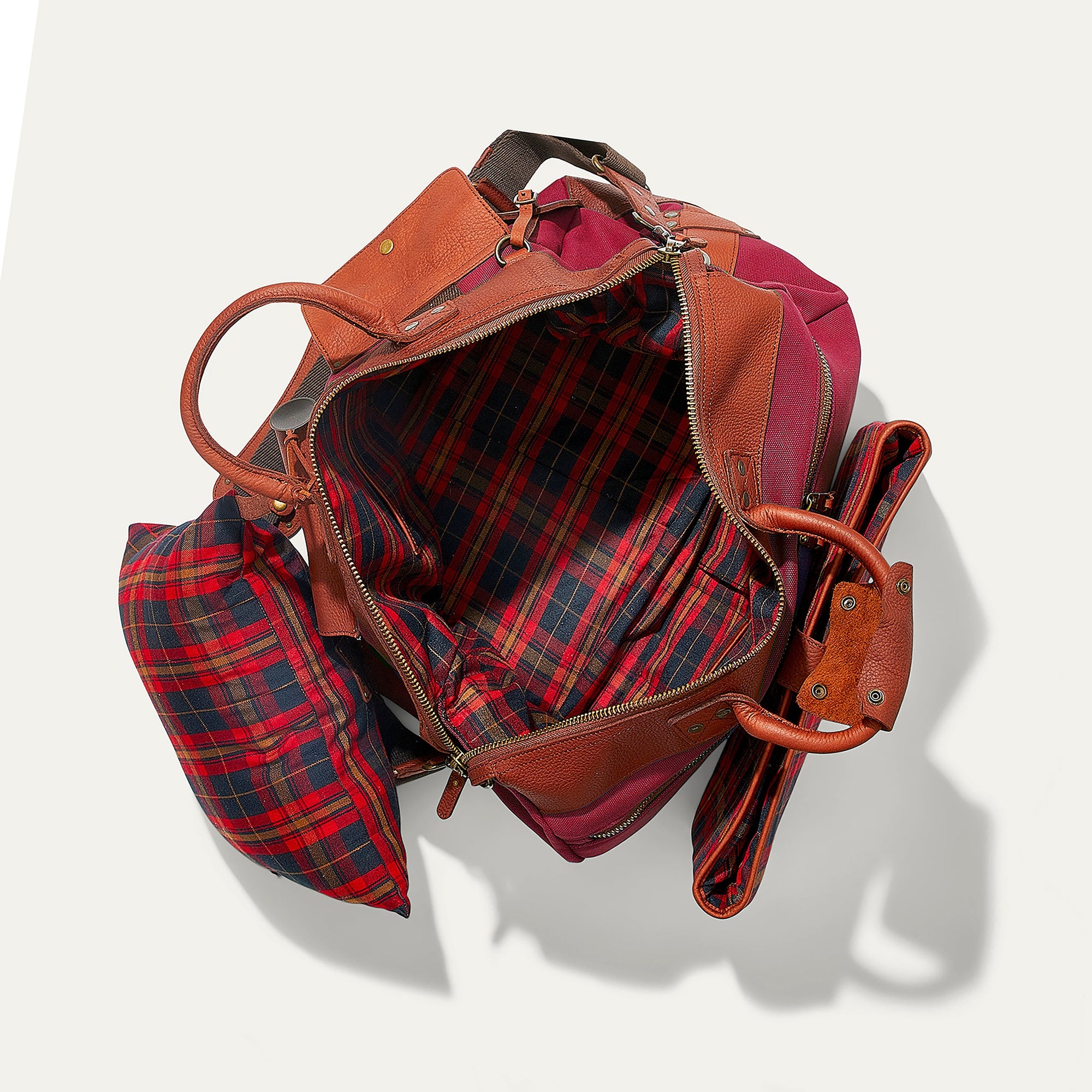 Canvas and Leather Travel Duffle in Burgundy with Tan Leather by Will Leather Goods