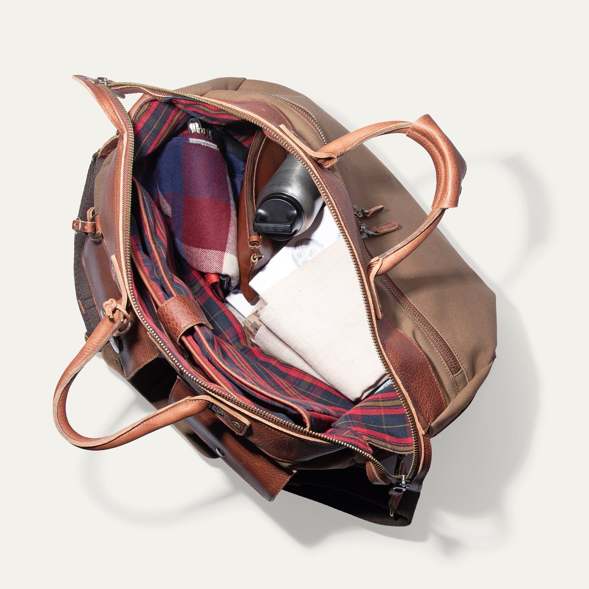 Canvas and Leather Travel Duffle in Tobacco with Cognac Leather by Will Leather Goods