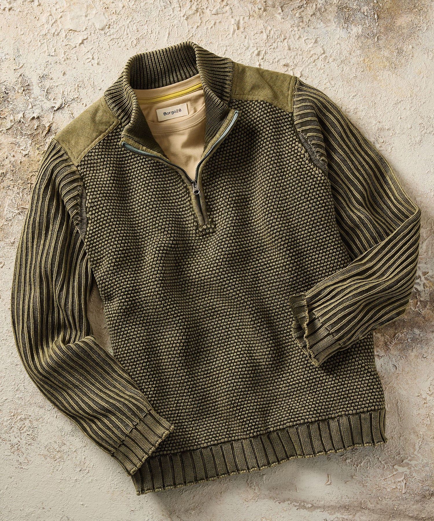 Quarter-Zip Stone Washed Cotton Sweater in Hunter by Borgo28