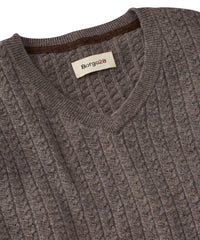 Fine Merino Wool Cable Knit V-Neck Sweater in Grey-Brown by Borgo28