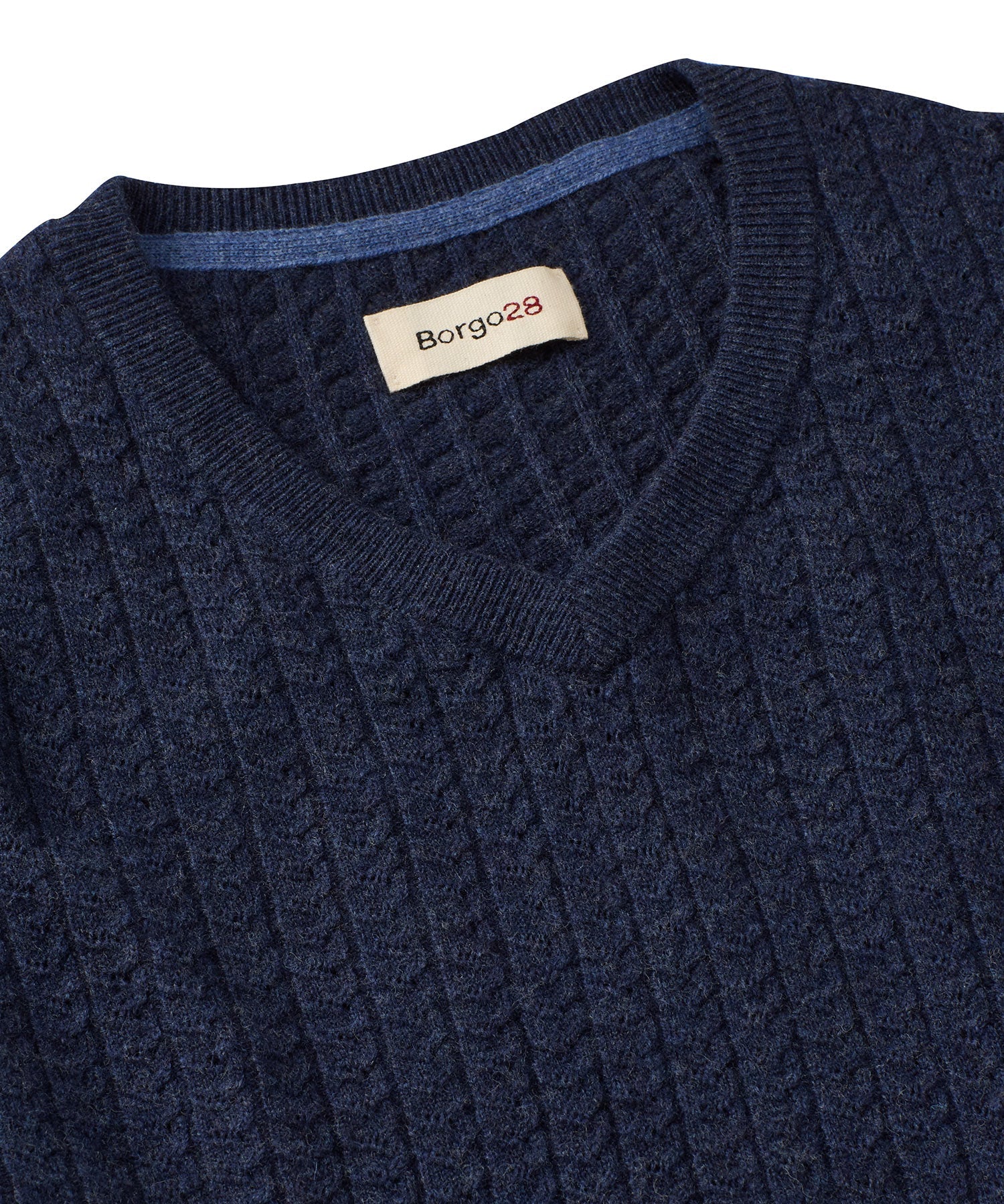 Fine Merino Wool Cable Knit V-Neck Sweater in Indigo by Borgo28