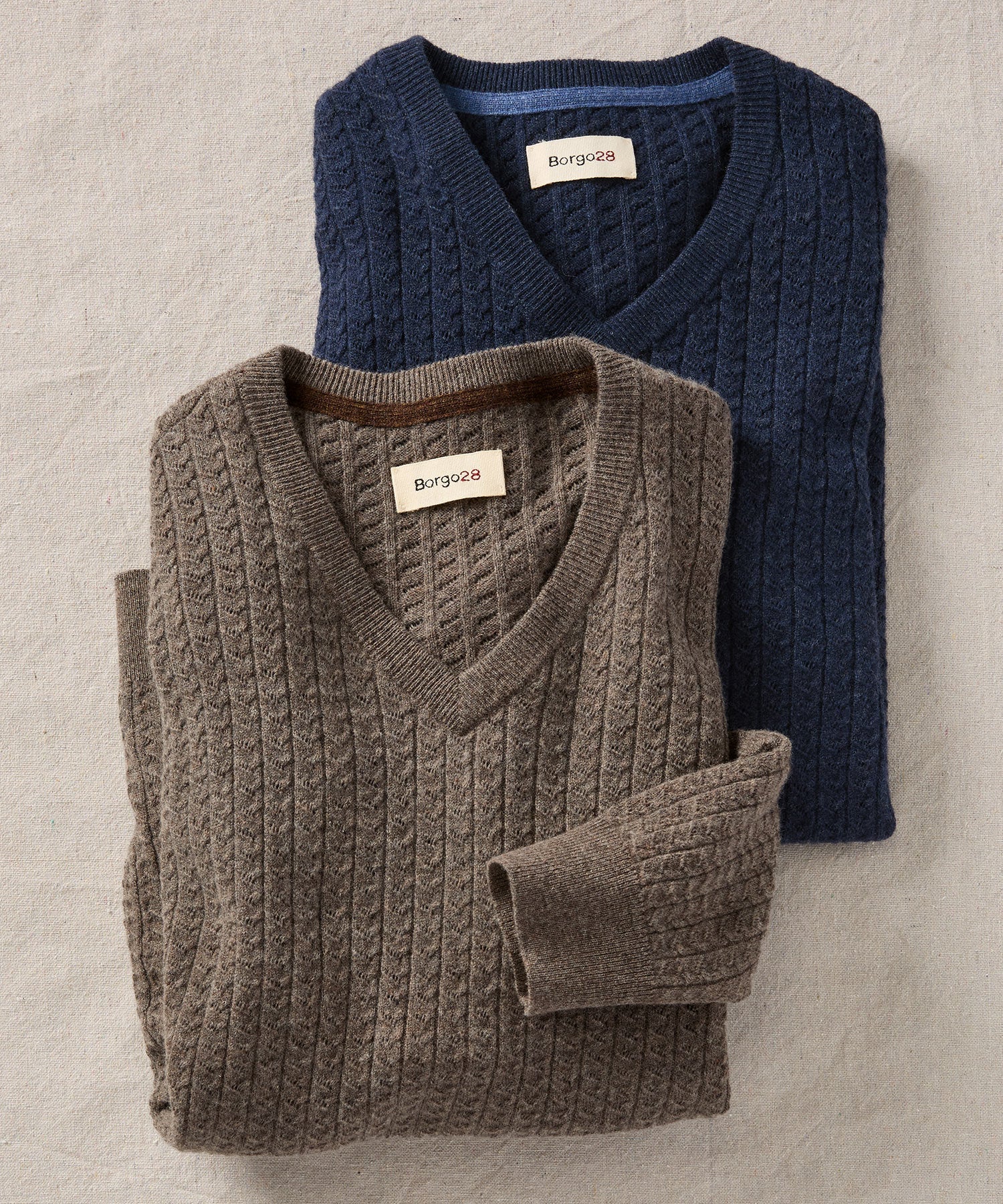 Fine Merino Wool Cable Knit V-Neck Sweater in Indigo by Borgo28