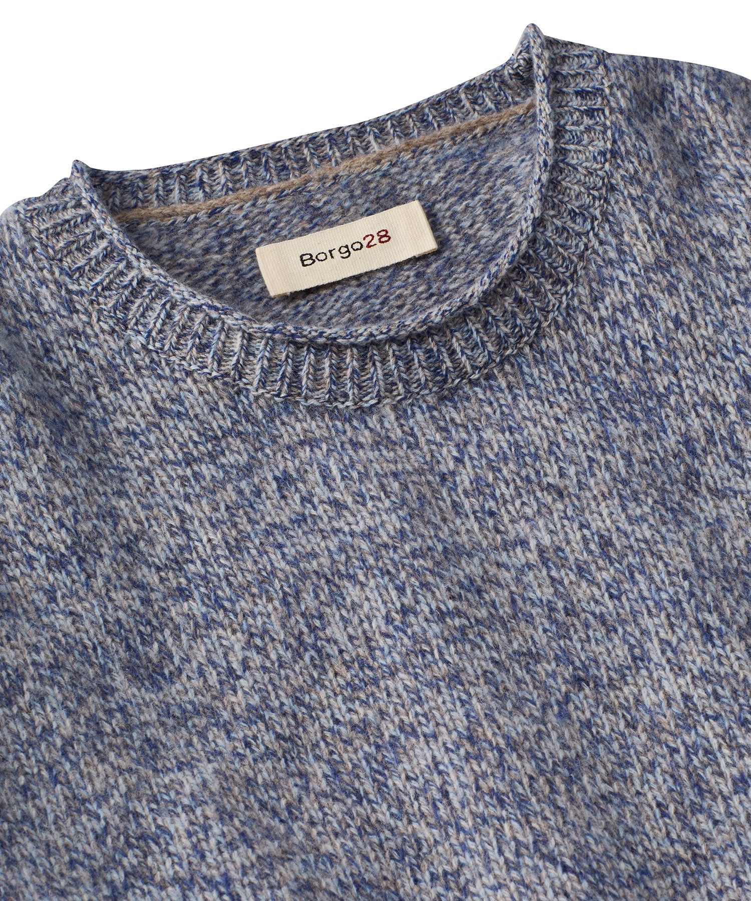 Extra Fine Merino Wool Raw Crew Neck Mouline Sweater in Blue by Borgo28