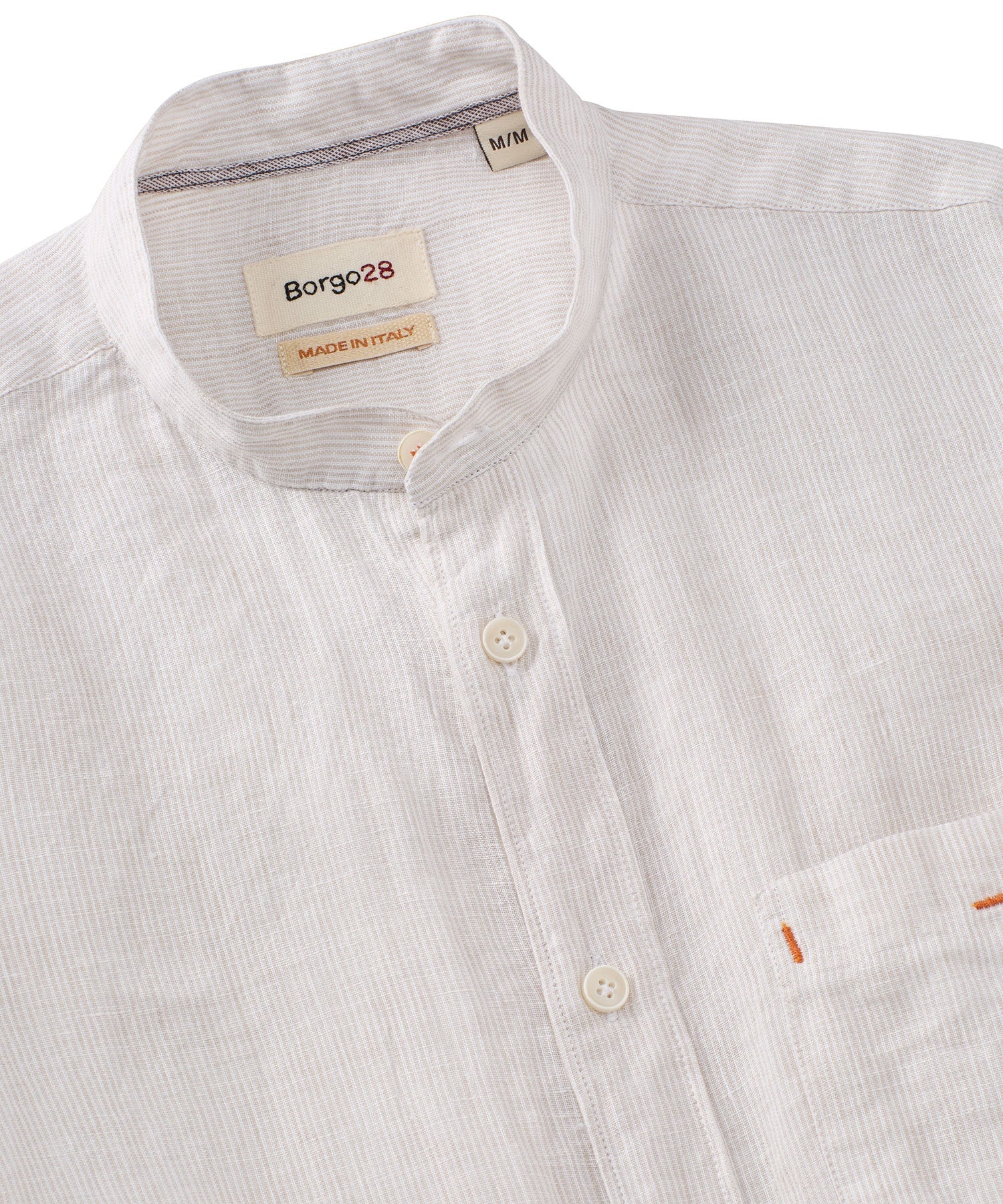 Banded Collar Micro Stripe Linen Long Sleeve Sport Shirt in Beige by Borgo28