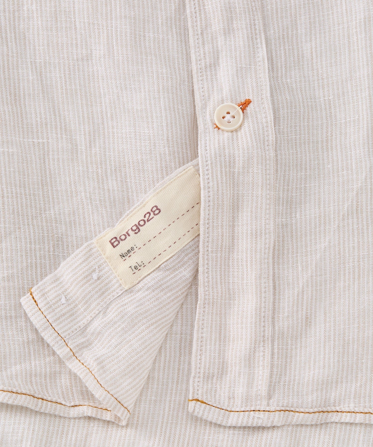Banded Collar Micro Stripe Linen Long Sleeve Sport Shirt in Beige by Borgo28