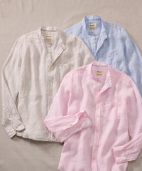 Banded Collar Micro Stripe Linen Long Sleeve Sport Shirt in Pink by Borgo28