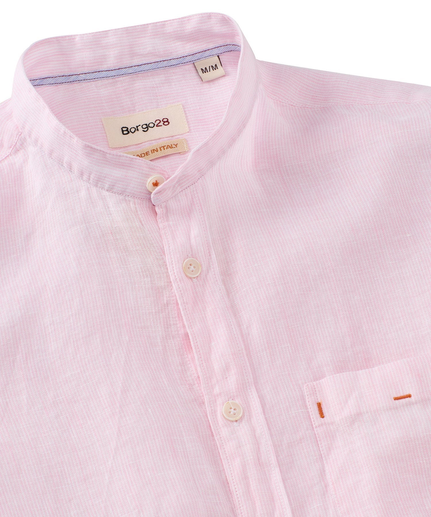 Banded Collar Micro Stripe Linen Long Sleeve Sport Shirt in Pink by Borgo28