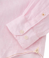 Banded Collar Micro Stripe Linen Long Sleeve Sport Shirt in Pink by Borgo28