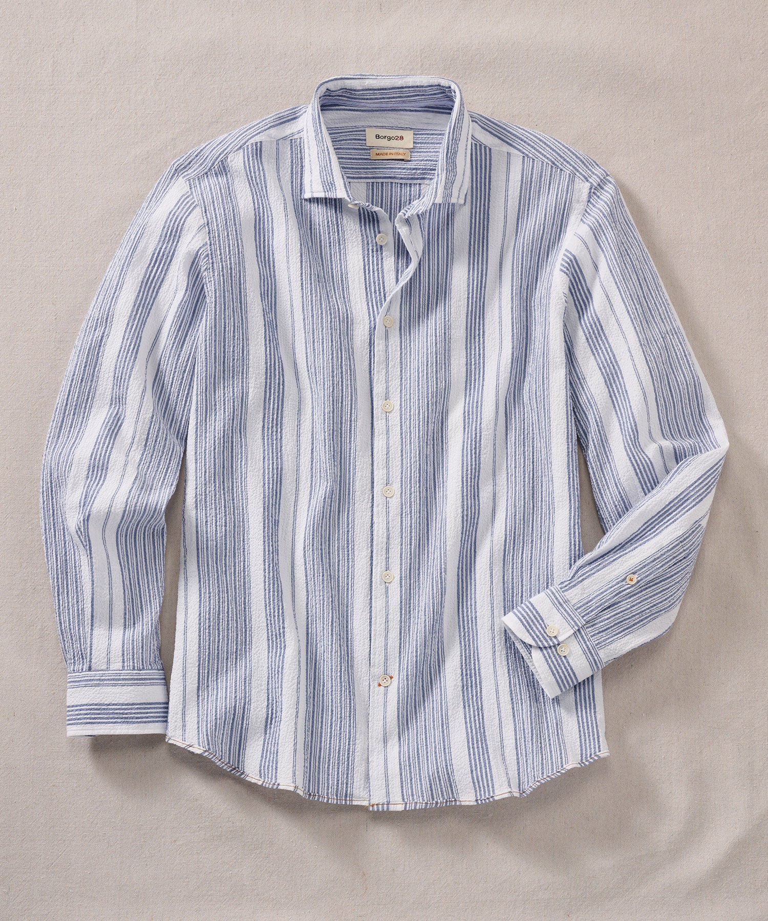 Italian Seersucker Stripe Long Sleeve Sport Shirt in Blue by Borgo28