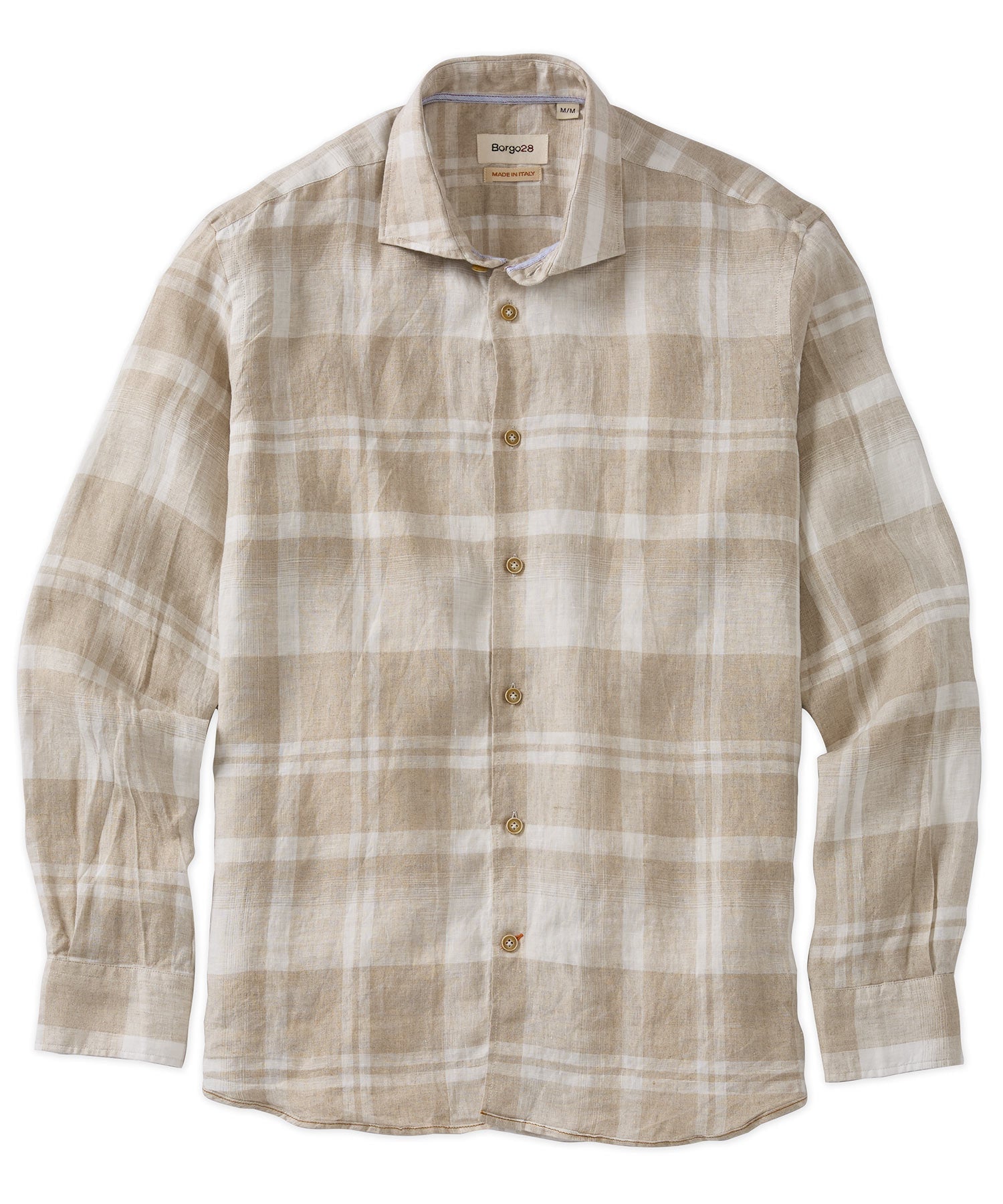 Plaid Linen Long Sleeve Sport Shirt in Beige by Borgo28