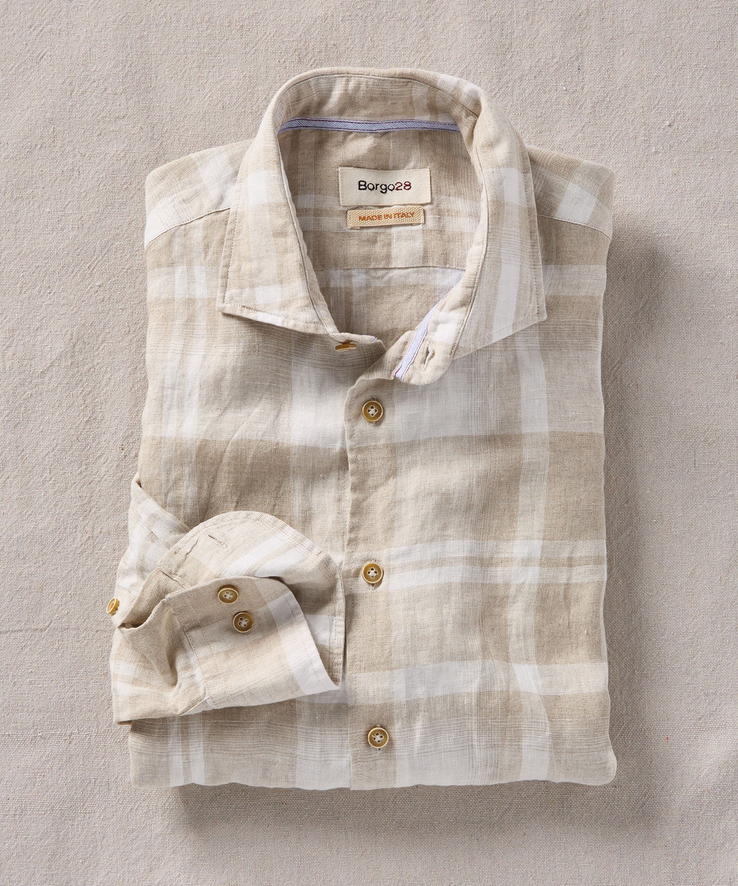 Plaid Linen Long Sleeve Sport Shirt in Beige by Borgo28