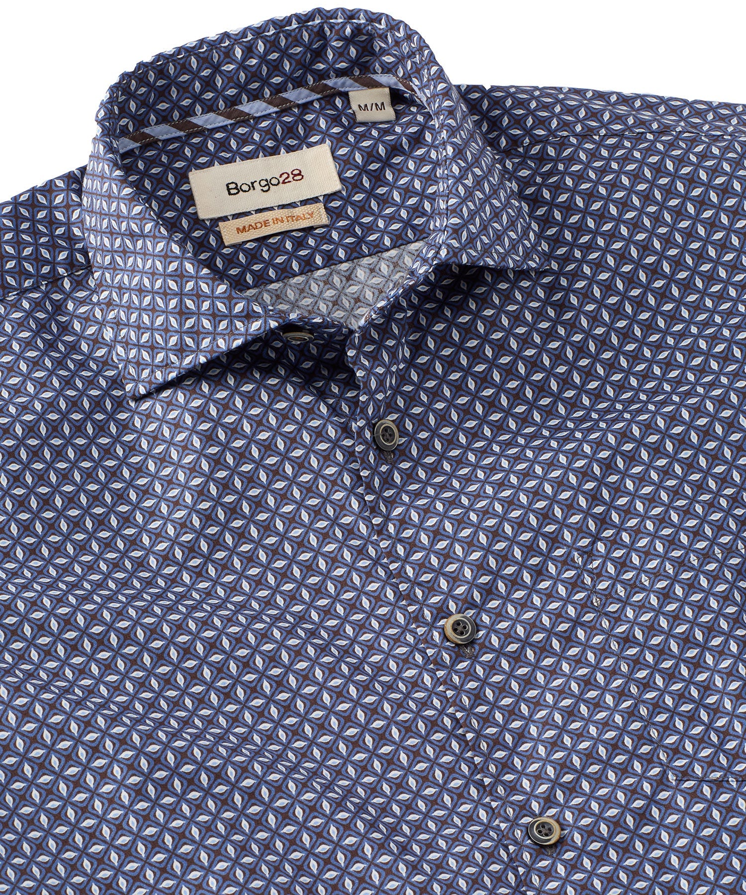 Italian Micro Box Print Long-Sleeve Twill Sport Shirt in Mid Blue and Brown by Borgo28