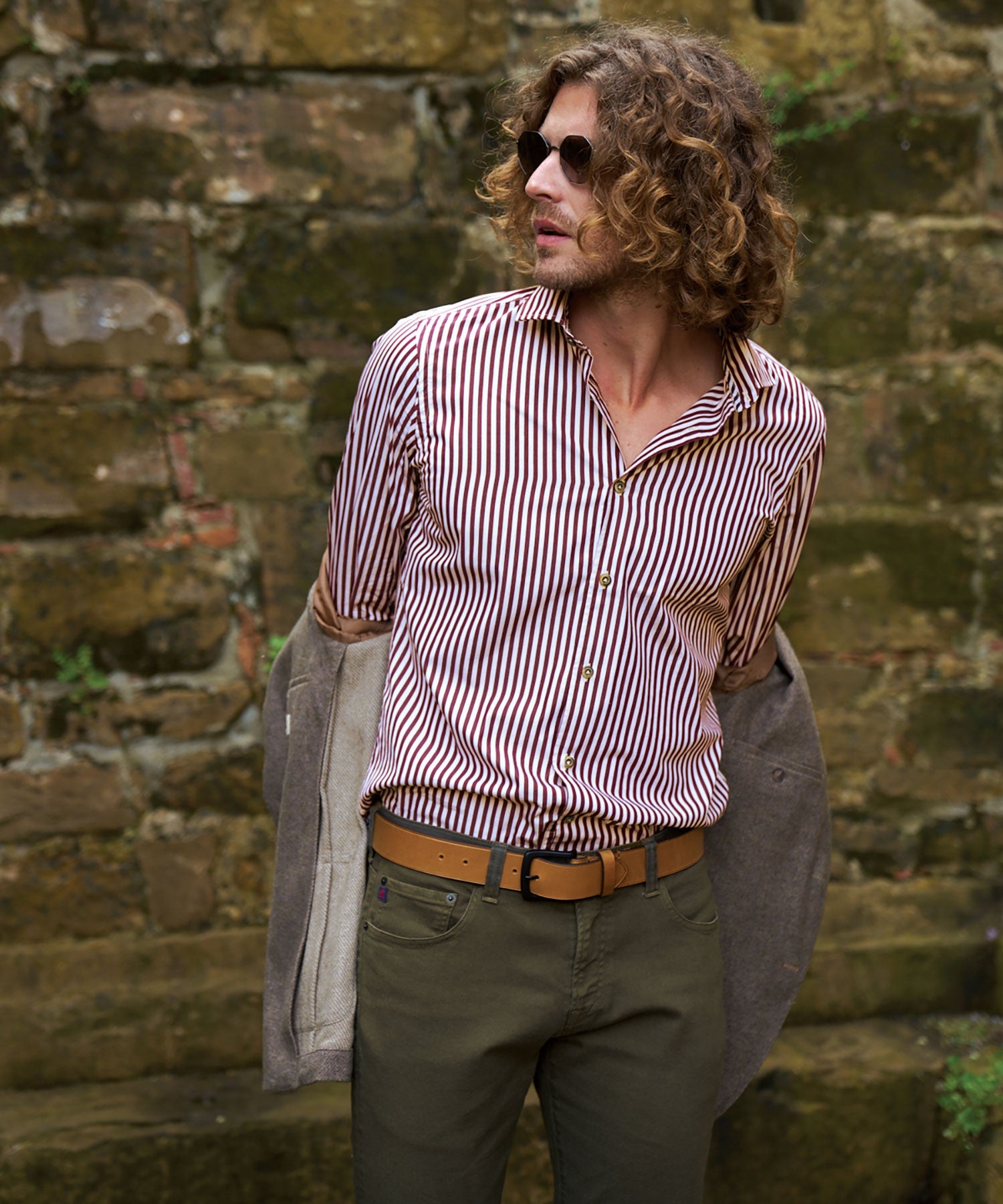 Italian Long-Sleeve Preppy Stripe Sport Shirt in Burgundy by Borgo28