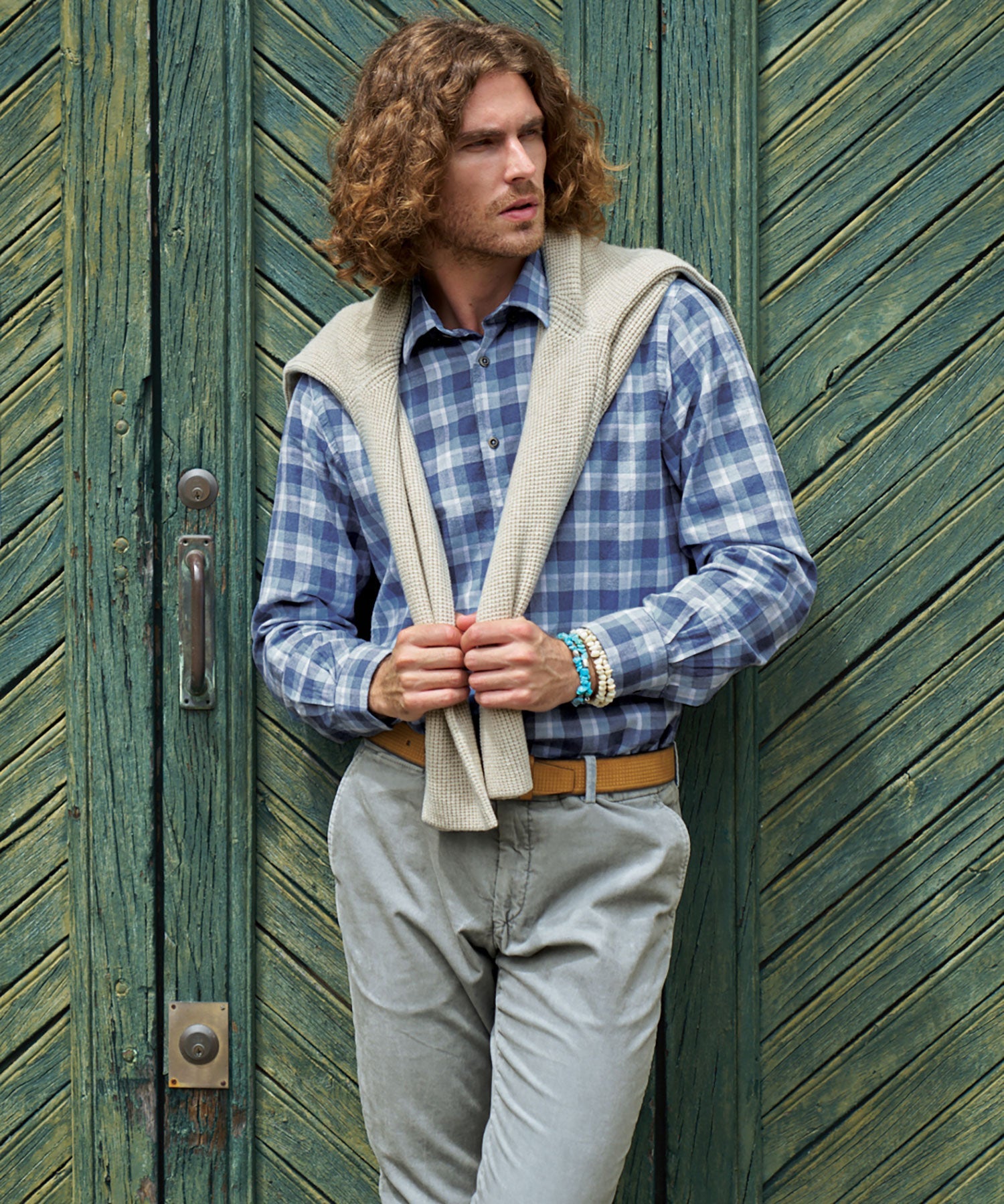 Italian Mélange Plaid Twill Long-Sleeve Sport Shirt in Blue Mix by Borgo28