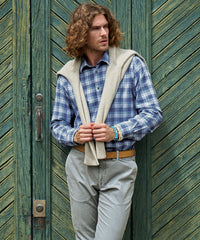 Italian Mélange Plaid Twill Long-Sleeve Sport Shirt in Blue Mix by Borgo28
