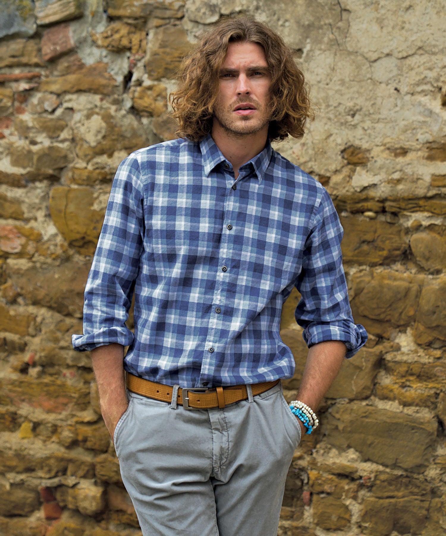 Italian Mélange Plaid Twill Long-Sleeve Sport Shirt in Blue Mix by Borgo28