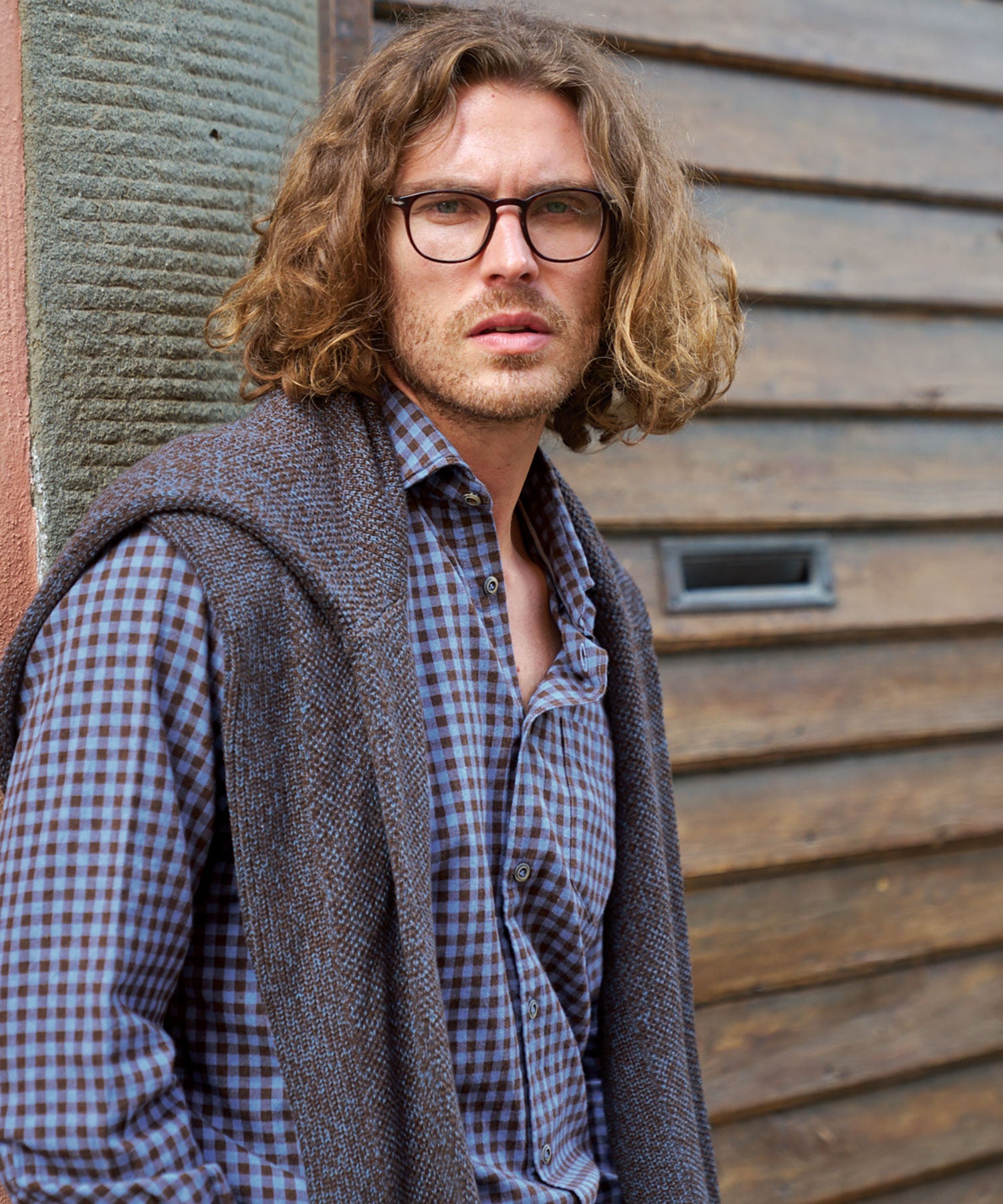 Italian Mélange Gingham Twill Long-Sleeve Sport Shirt in Blue and Brown by Borgo28