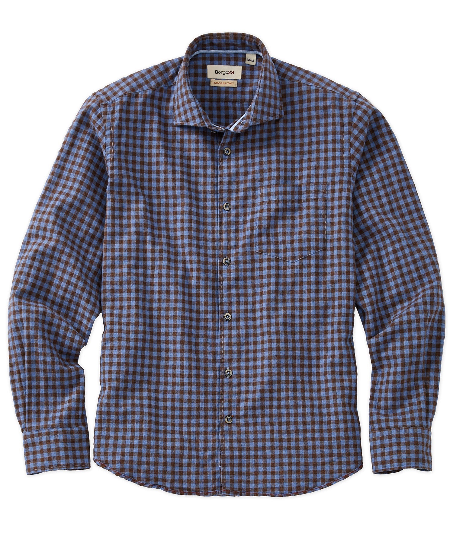 Italian Mélange Gingham Twill Long-Sleeve Sport Shirt in Blue and Brown by Borgo28