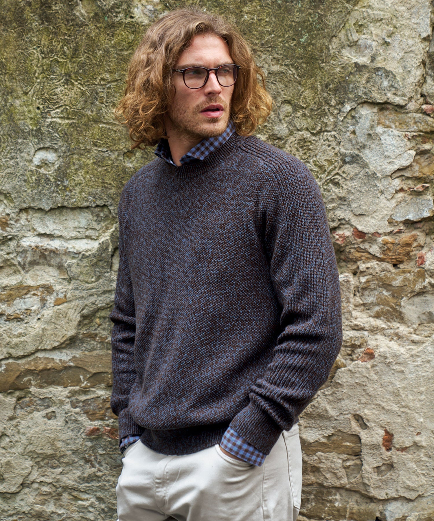 Saddle Paneled Crew Neck Marled Cotton Sweater in Brown-Blue by Borgo28