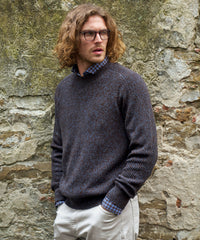 Saddle Paneled Crew Neck Marled Cotton Sweater in Brown-Blue by Borgo28