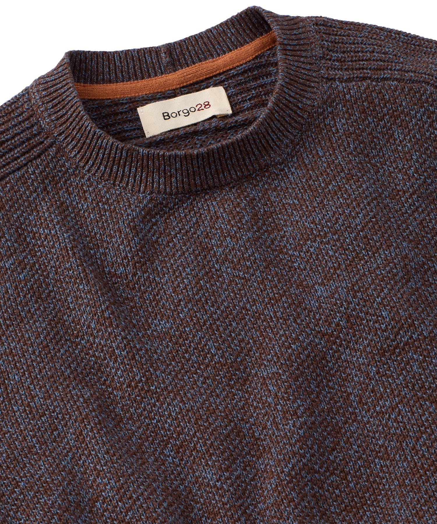 Saddle Paneled Crew Neck Marled Cotton Sweater in Brown-Blue by Borgo28