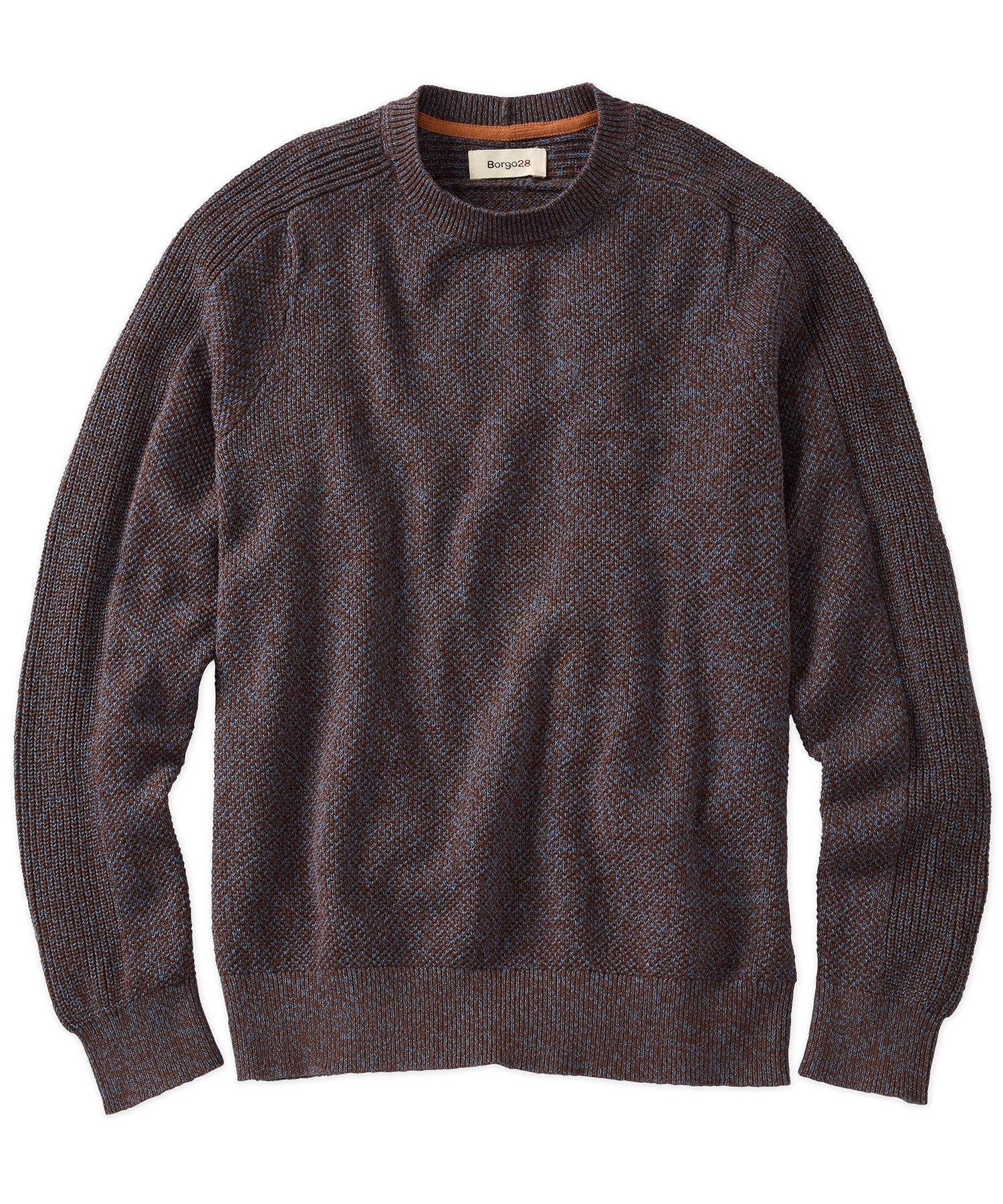 Saddle Paneled Crew Neck Marled Cotton Sweater in Brown-Blue by Borgo28