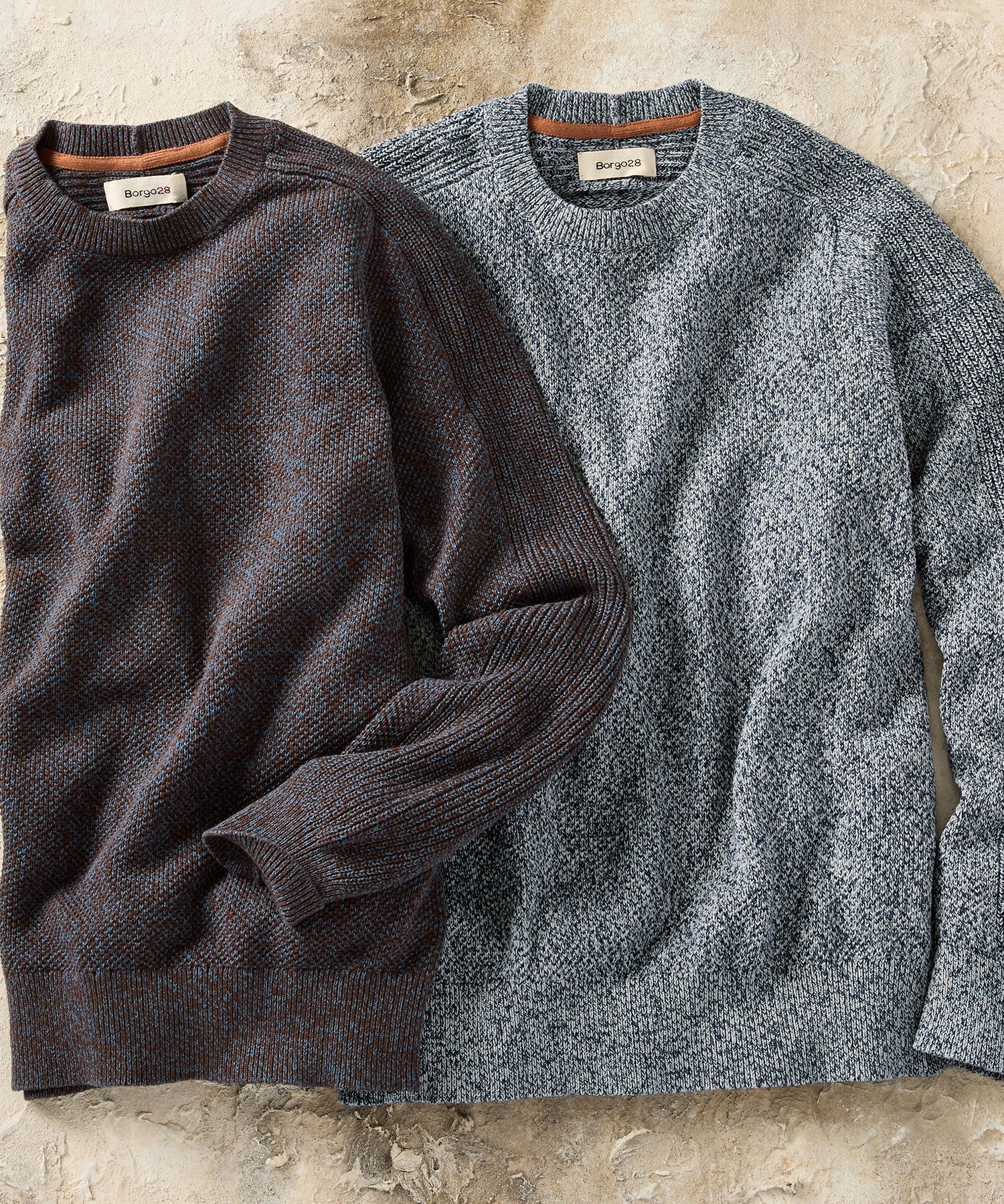 Saddle Paneled Crew Neck Marled Cotton Sweater in Brown-Blue by Borgo28