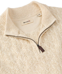 Cable Knit Quarter-Zip Garment Dyed Mock Neck Cotton Sweater in Off White by Borgo28