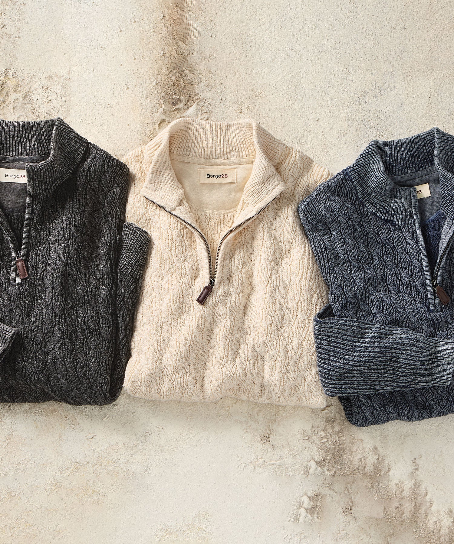 Cable Knit Quarter-Zip Garment Dyed Mock Neck Cotton Sweater in Navy by Borgo28