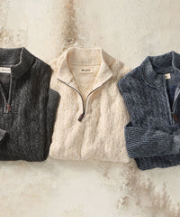 Cable Knit Quarter-Zip Garment Dyed Mock Neck Cotton Sweater in Navy by Borgo28