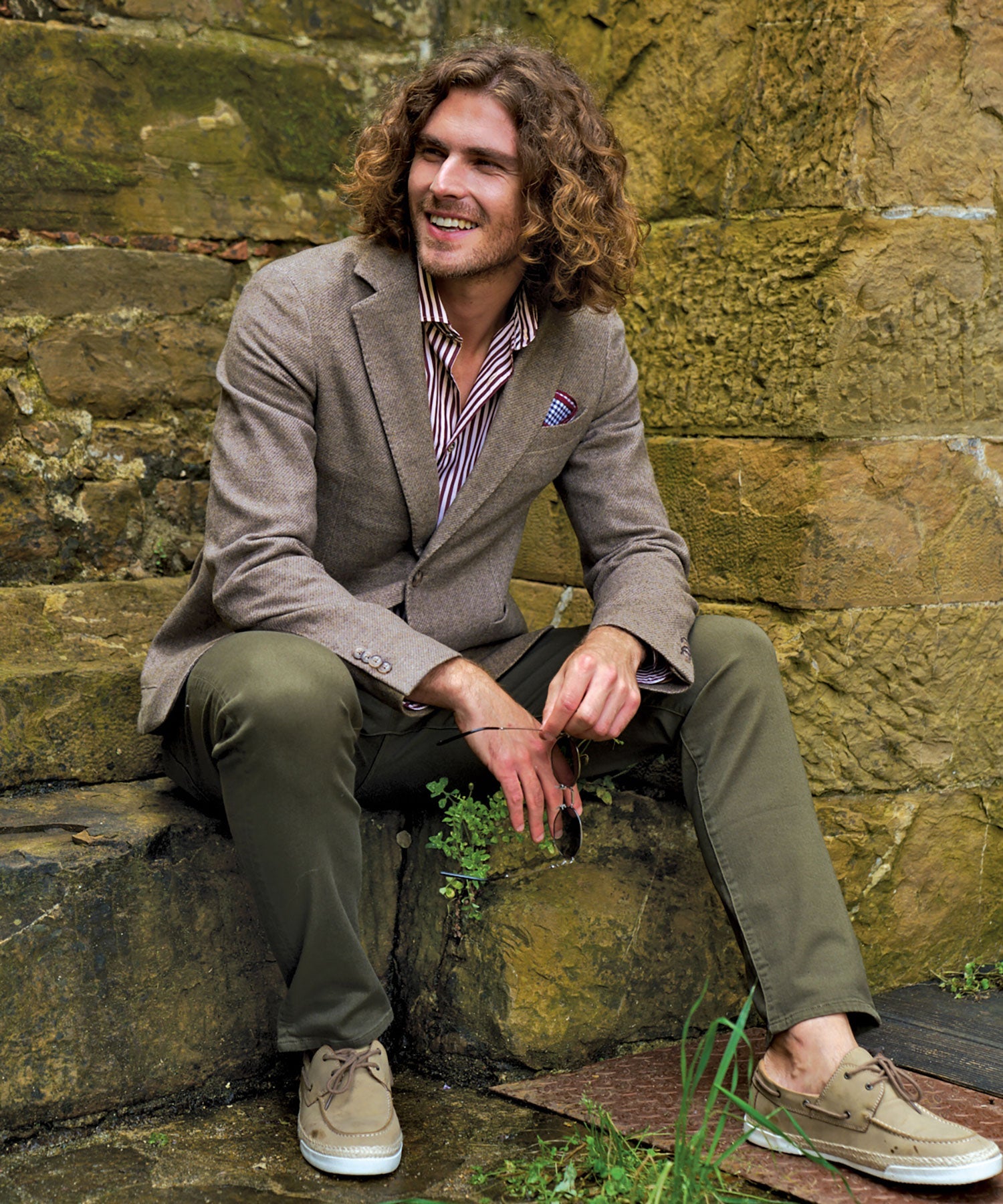 Denim Weave Two-Button Wool/Cotton/Cashmere Blazer in Brown Heather by Borgo28
