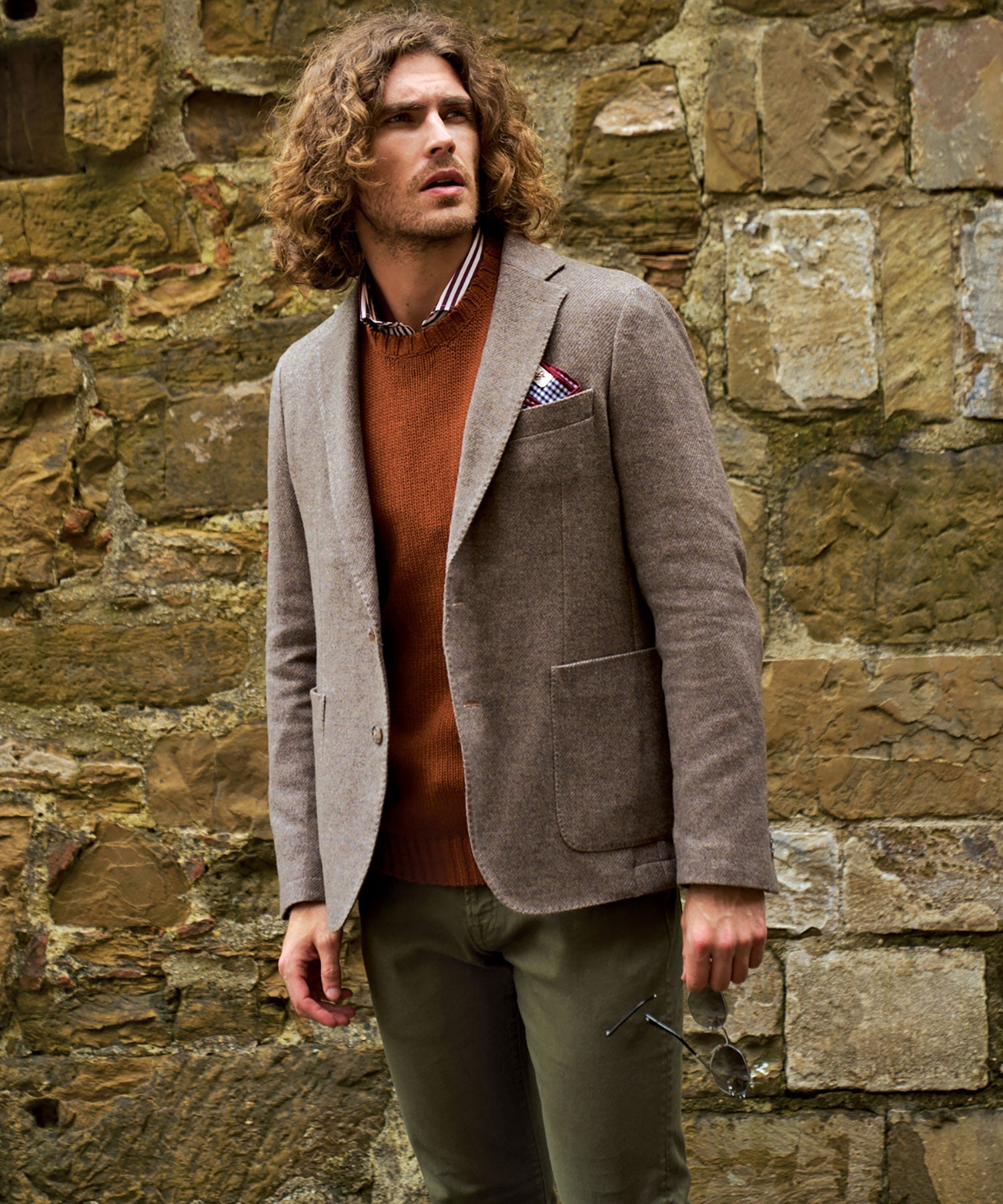 Denim Weave Two-Button Wool/Cotton/Cashmere Blazer in Brown Heather by Borgo28