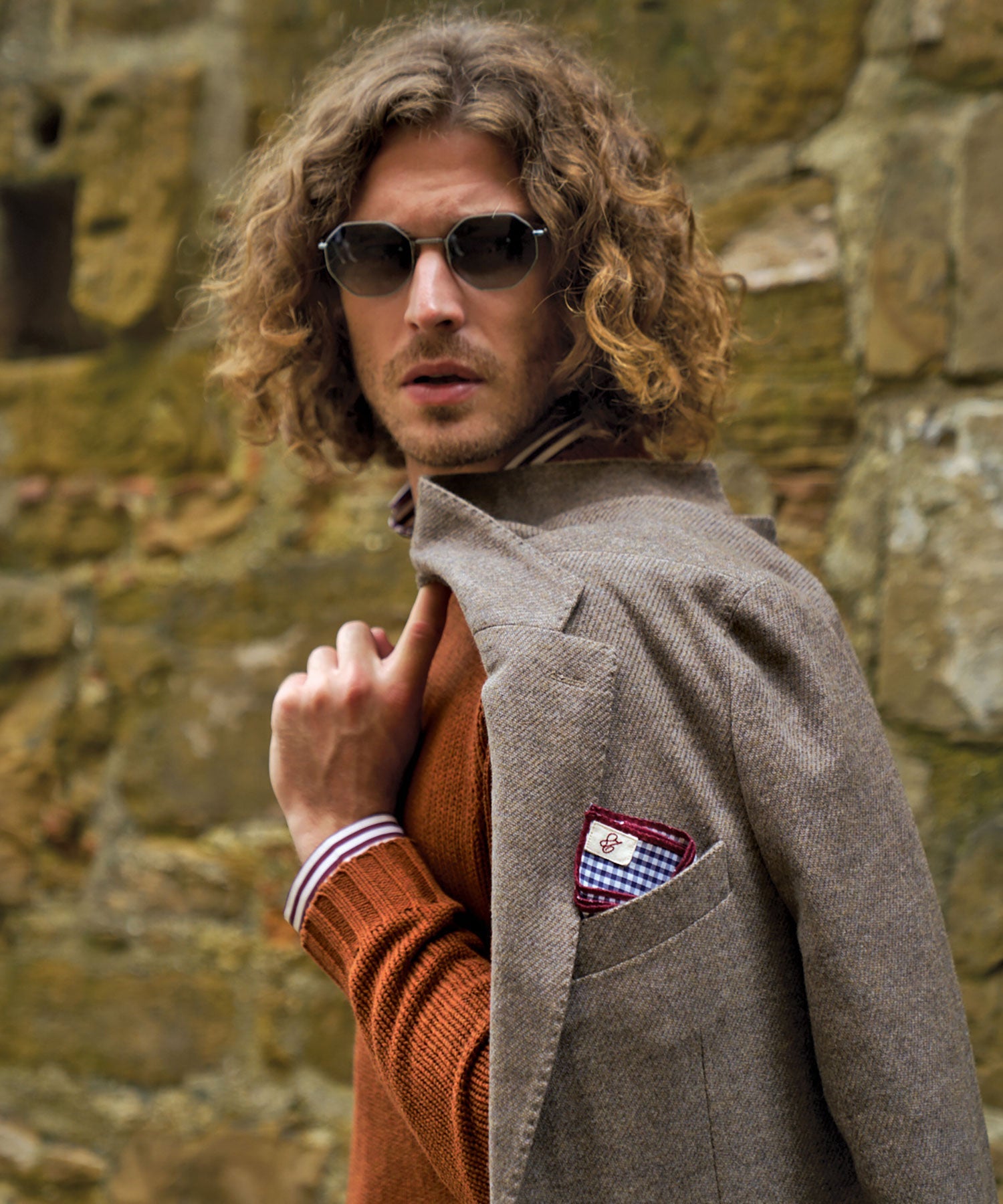 Denim Weave Two-Button Wool/Cotton/Cashmere Blazer in Brown Heather by Borgo28