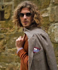 Denim Weave Two-Button Wool/Cotton/Cashmere Blazer in Brown Heather by Borgo28