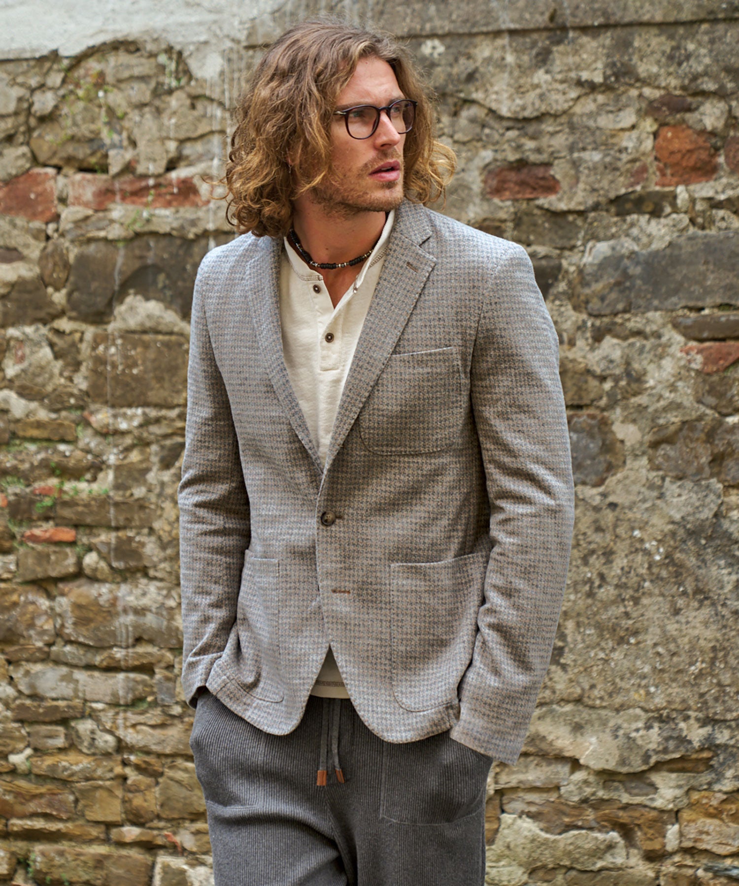 Houndstooth Three-Button Wool/Cotton Blazer in Ecru by Borgo28