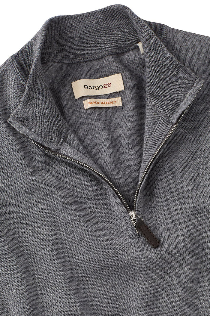 Italian Pure Merino Wool Quarter-Zip Sweater in Mid Grey Mélange by Borgo28