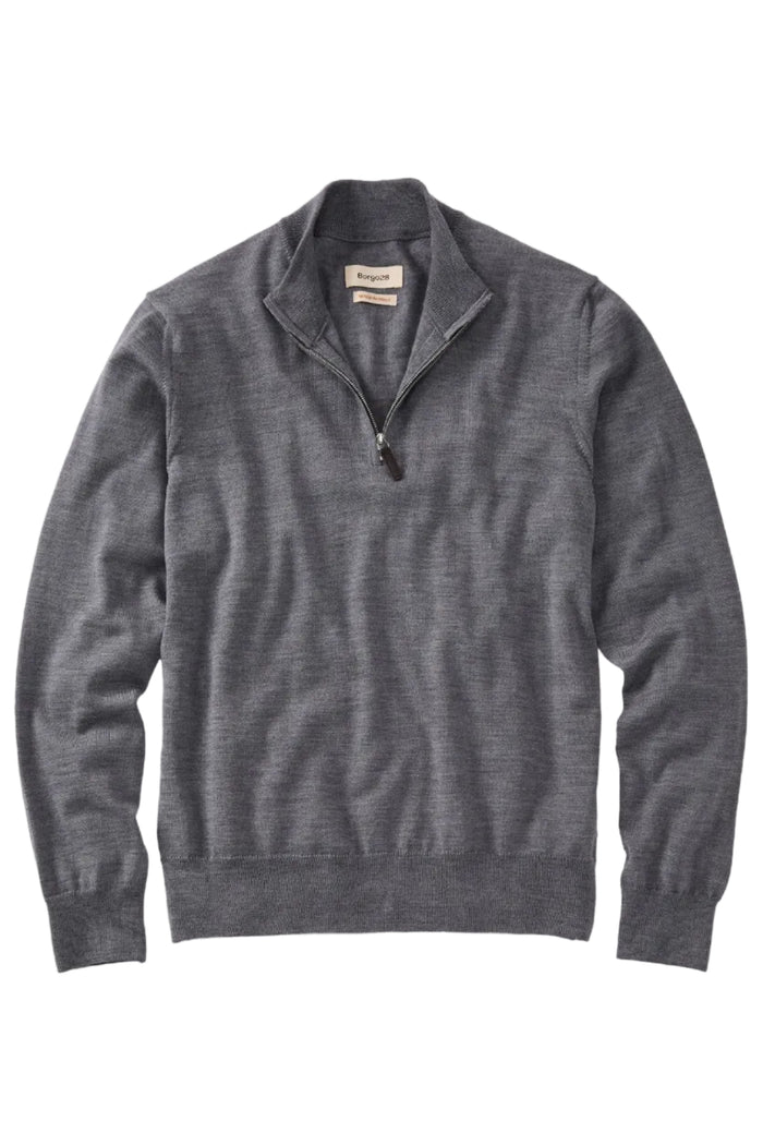 Italian Pure Merino Wool Quarter-Zip Sweater in Mid Grey Mélange by Borgo28