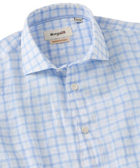 Italian Windowpane Plaid Linen Long-Sleeve Sport Shirt in Light Blue by Borgo28