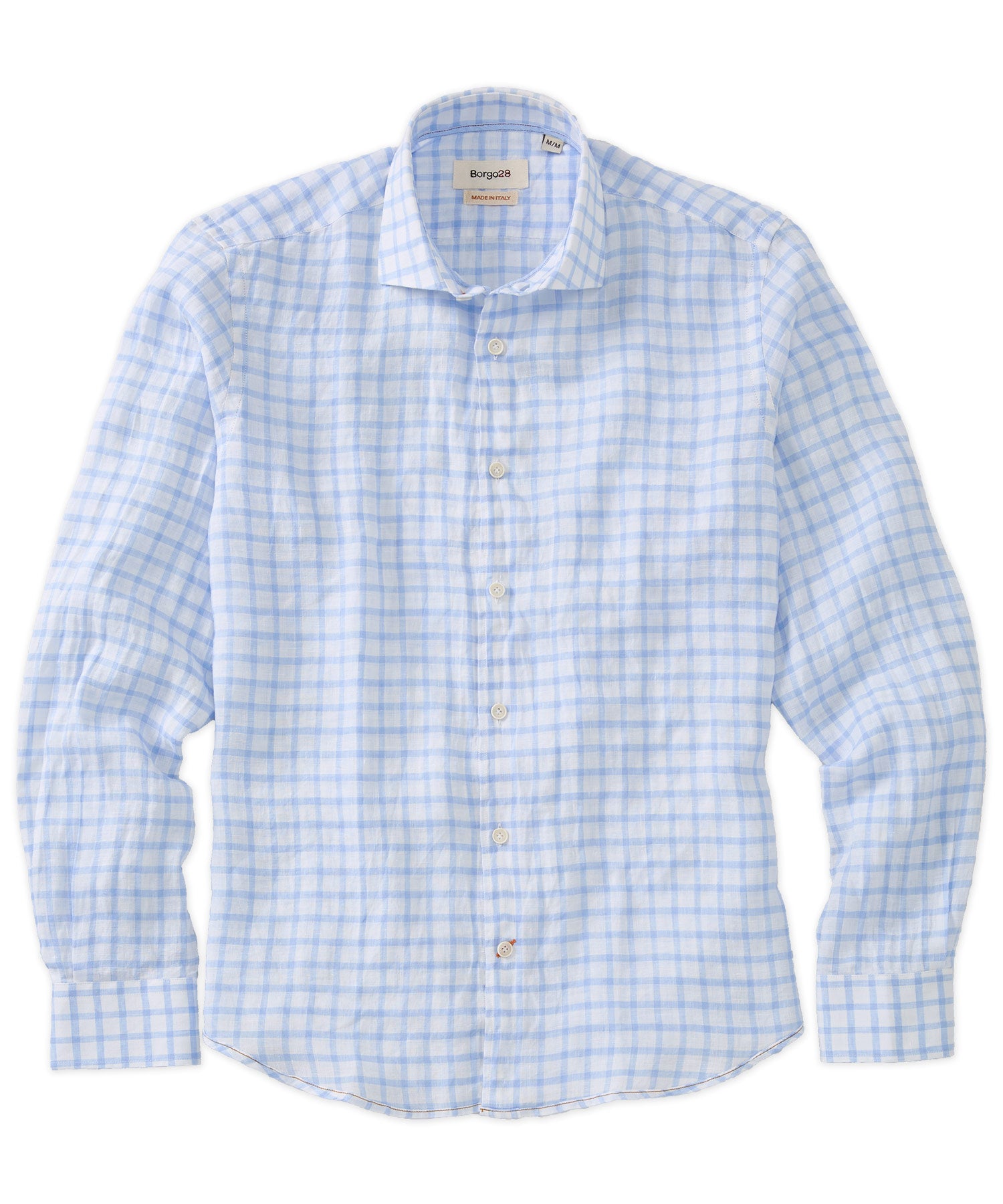 Italian Windowpane Plaid Linen Long-Sleeve Sport Shirt in Light Blue by Borgo28