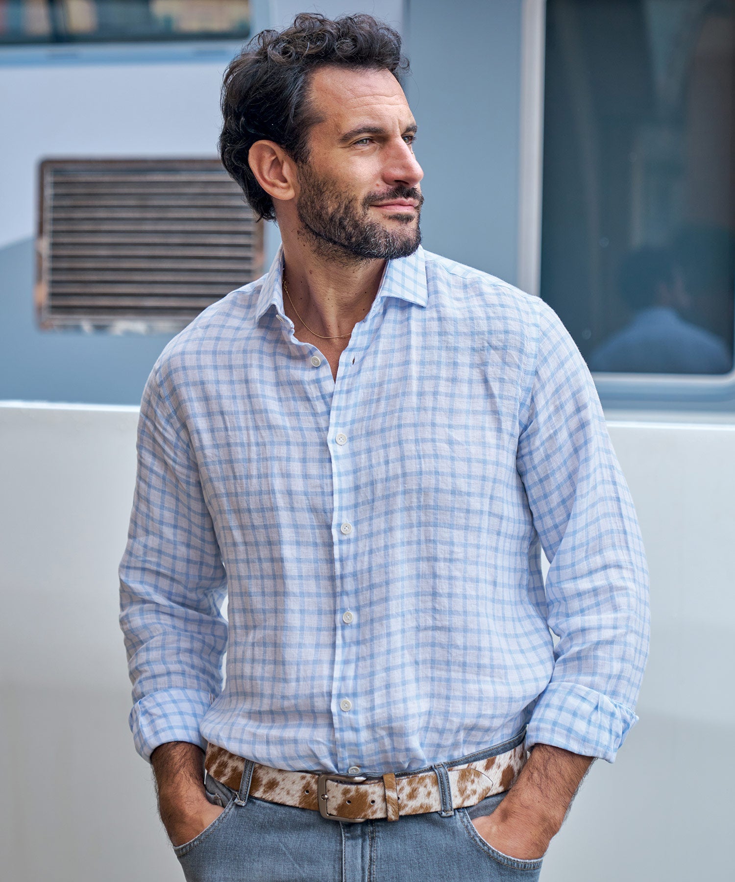 Italian Windowpane Plaid Linen Long-Sleeve Sport Shirt in Light Blue by Borgo28