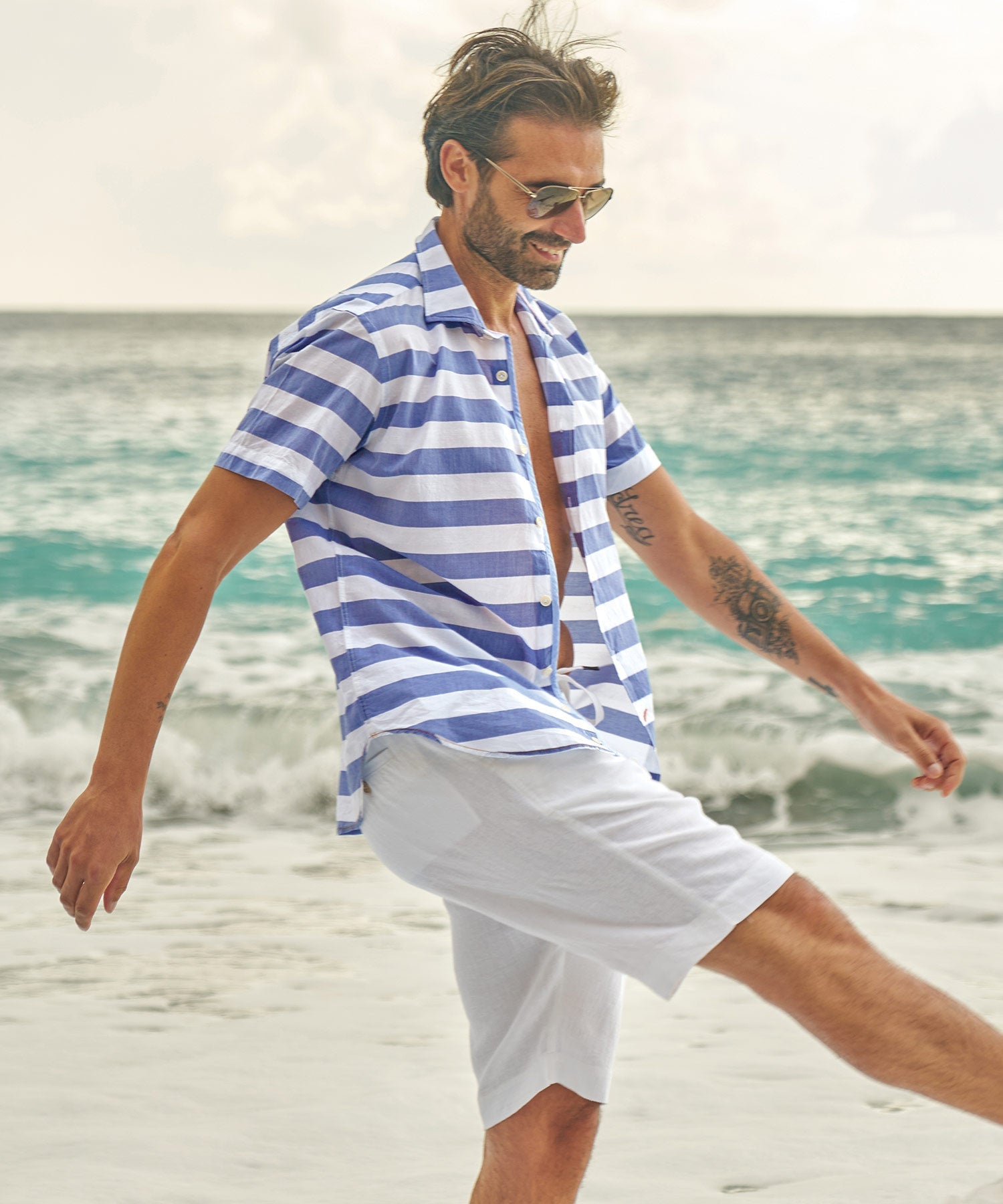 Casablanca Barre Stripe Cotton/Linen Short Sleeve Sport Shirt in Blue by Borgo28