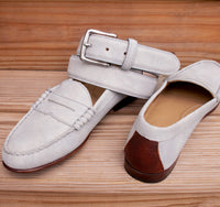 Preston Washed Calfskin Penny Loafer in Grey by T.B. Phelps