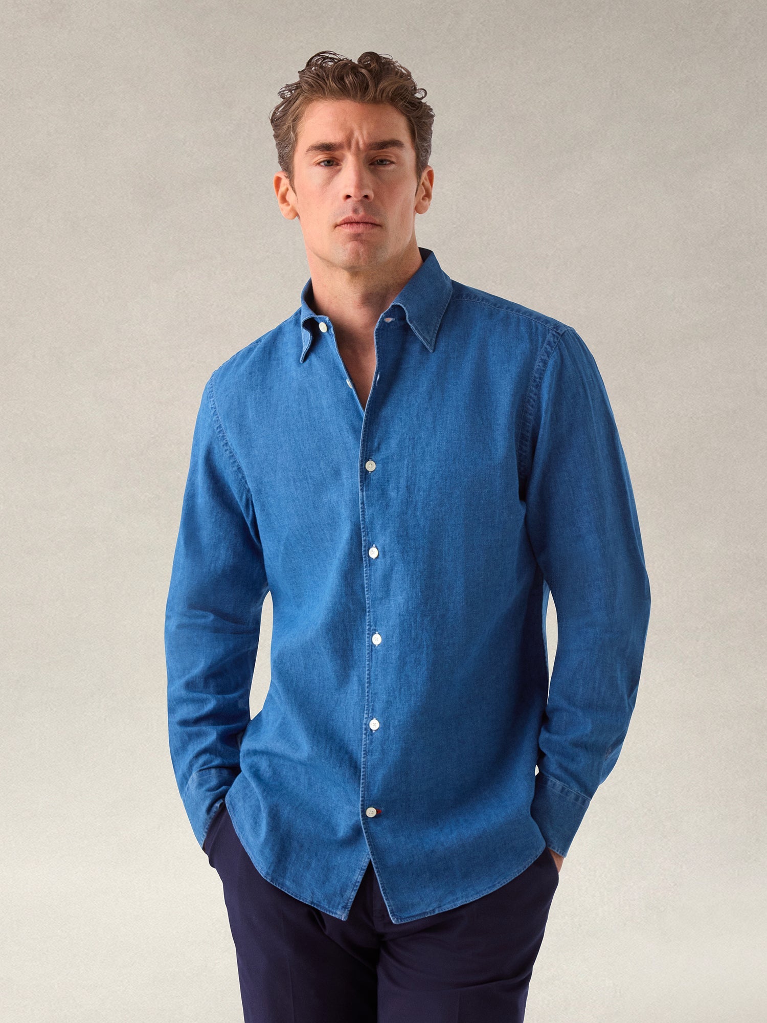 Morgan Linen-Cotton Shirt in Light Denim Wash Blue by Robert Talbott