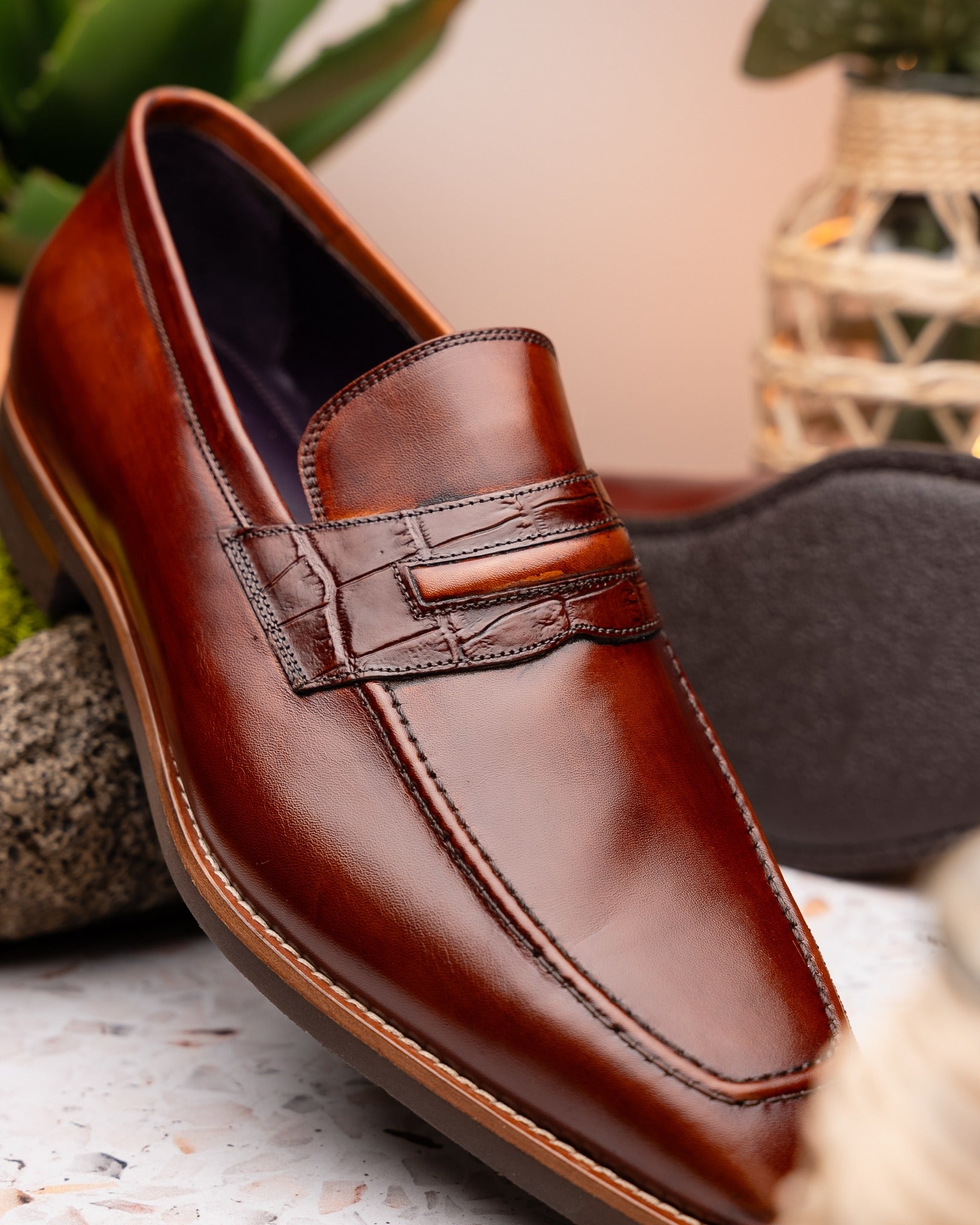 Meo Hand Burnished Italian Calfskin Loafer with Crocodile Trim in Cogn