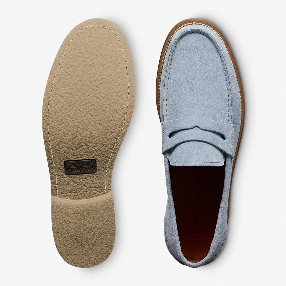 Sorrento Moccasin-Style Penny Loafer in Light Blue Suede by Allen Edmonds