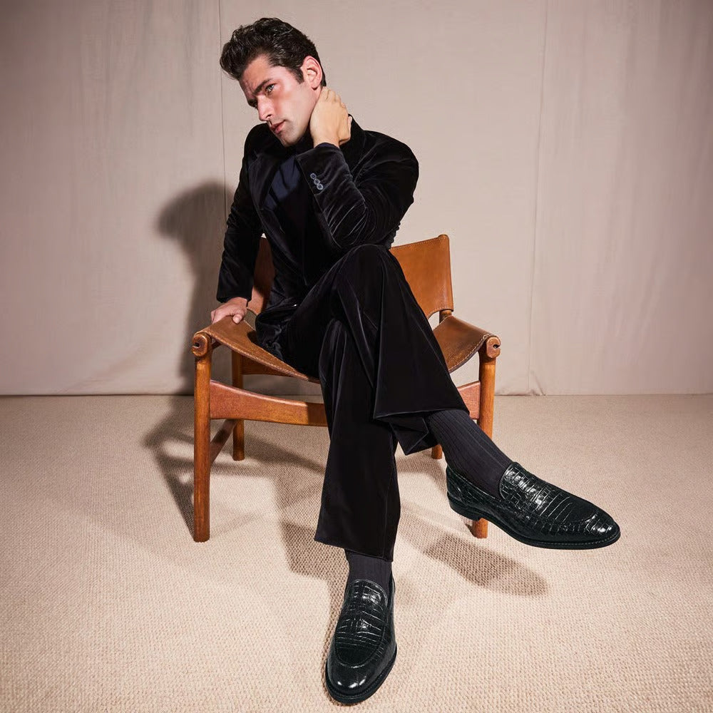 Randolph 2.0 Penny Loafer in Black Embossed Croco Leather by Allen Edmonds