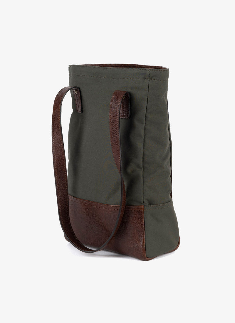 Petty Bottle Tote in Olive Ventile and Titan Milled Brown by Moore & Giles